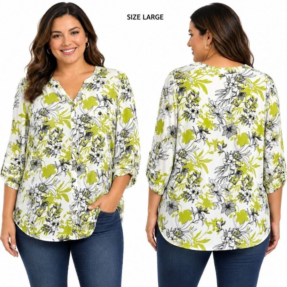 Adrienne Vittadini Floral Button Front Blouse Large